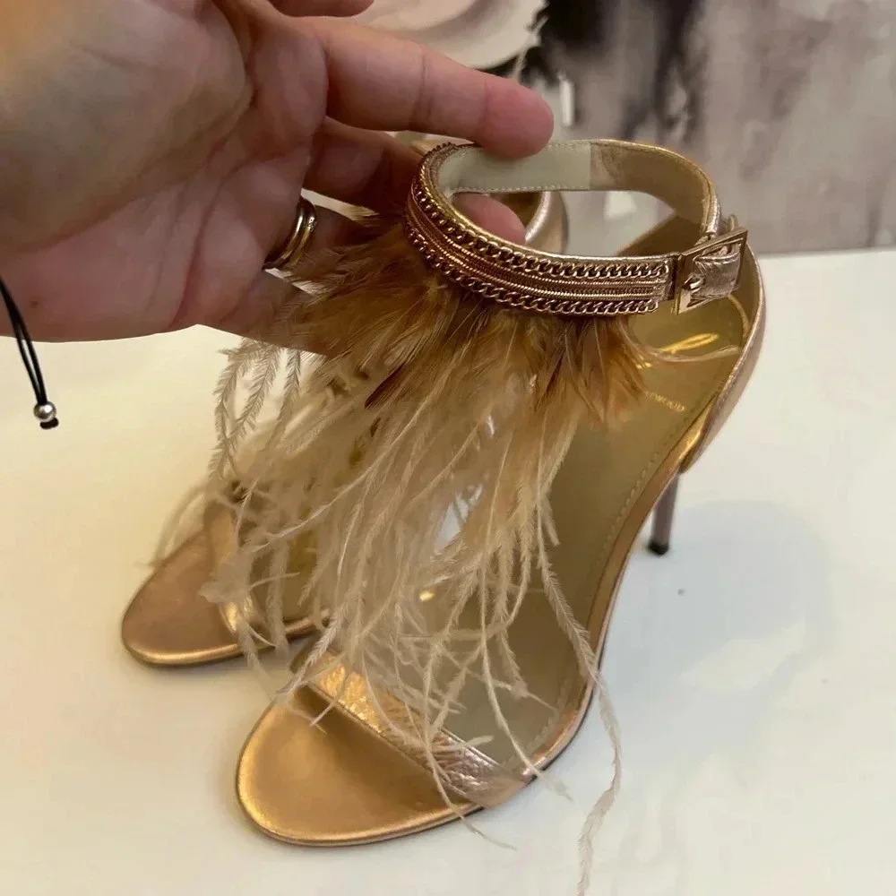! B Brian Atwood Laracca Feather Rose Gold Bronze Metallic Sandals 6! - Picture 3 of 9